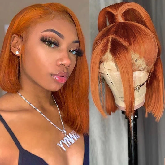 Human Hair Wig Grey Bob Wigs 200% 13x4 HD Transparent Ginger Orange Lace Front Bob Blunt Cut Straight Colored Wigs Pre-Plucked