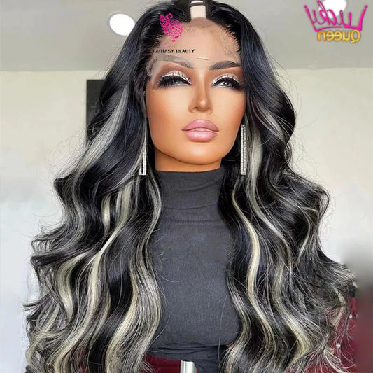 V Part Wig Body Wave Highlight Grey Wigs No Glue No Leave Out Human Hair Gray and Black Ombre U part Wigs Beginner Friendly