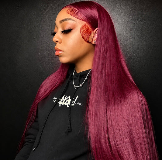Straight Burgundy Remy Human Hair Lace Front Wig (Pre-Plucked With Baby Hairs)